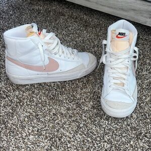 Nike White High-Top Sneakers with Pale Pink Swoosh